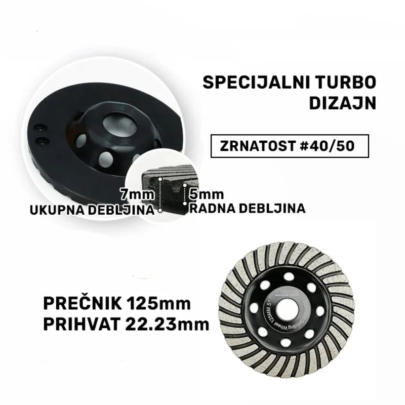 Dimenzije dijamantskog turbo brusnog diska 125mm – prečnik 125mm, ukupna debljina 7mm, radna debljina 5mm, otvor 22.23mm, granulacija #40/50