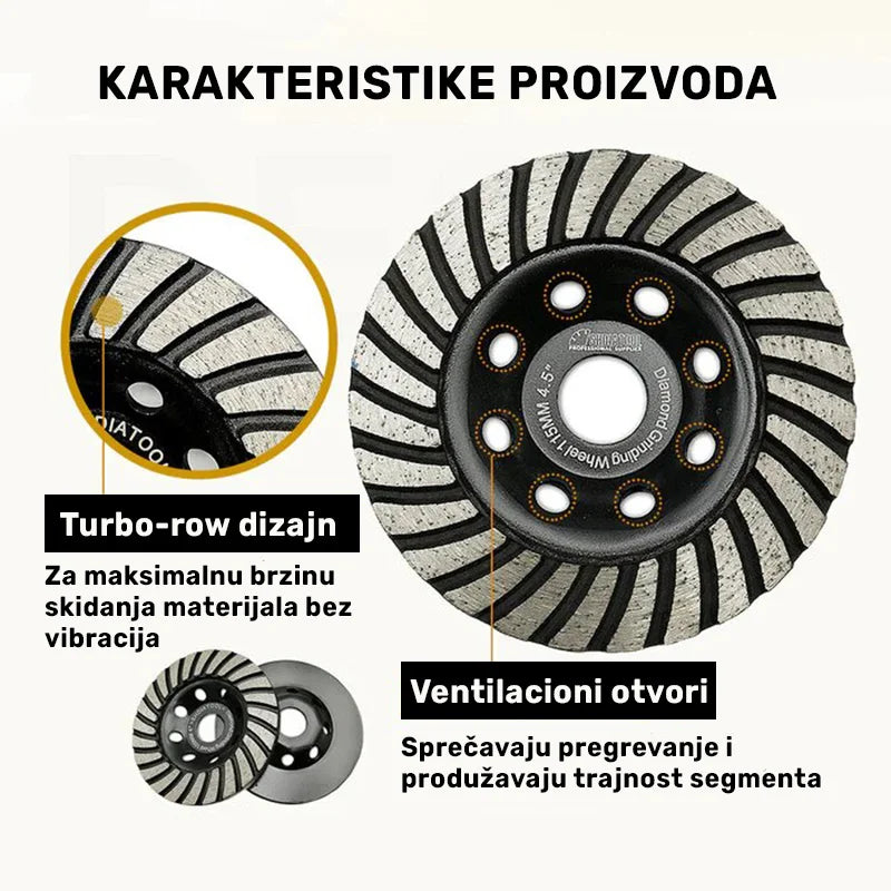 Turbo-row dizajn i ventilacioni otvori dijamantskog brusnog diska 125mm za maksimalnu brzinu skidanja materijala i sprečavanje pregrevanja