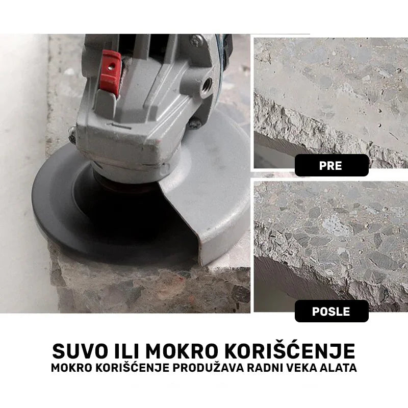 Primena spiralnog brusnog diska 115mm pri brušenju betona – prikaz površine pre i posle obrade, suvo ili mokro korišćenje