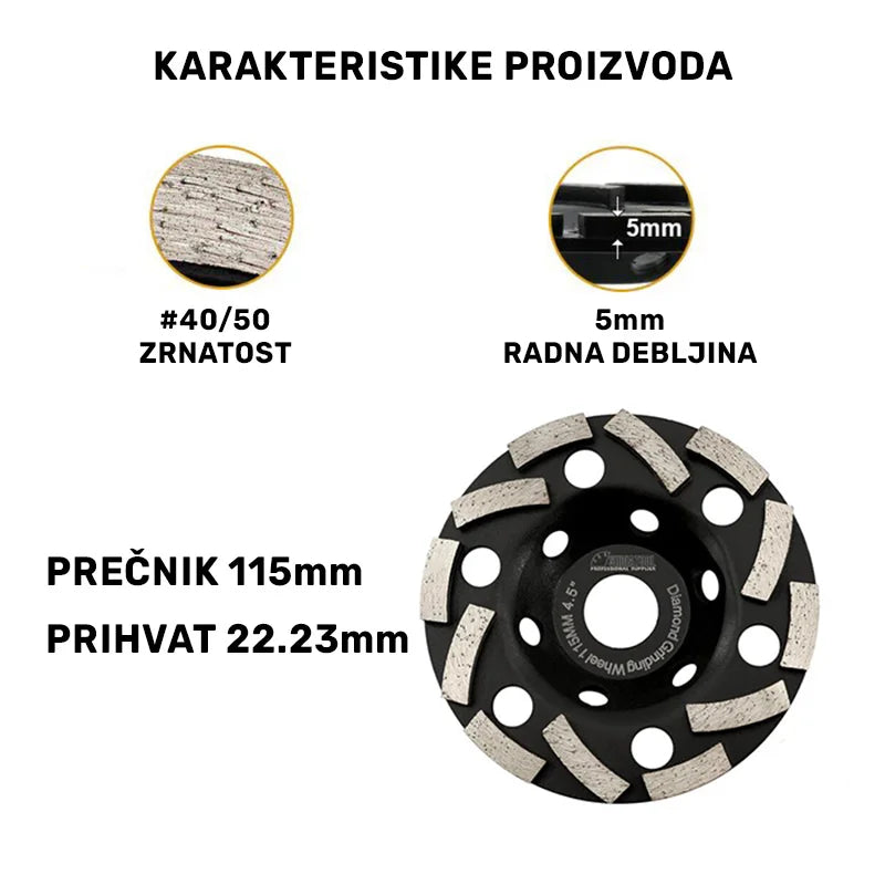 Karakteristike spiralnog brusnog diska 115mm – zrnatost #40/50, radna debljina 5mm, prečnik 115mm i prihvat 22.23mm