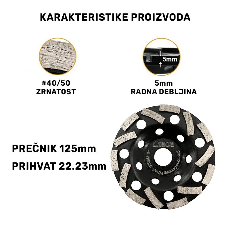 Karakteristike spiralnog brusnog diska 125mm – zrnatost #40/50, radna debljina 5mm, prečnik 125mm i prihvat 22.23mm