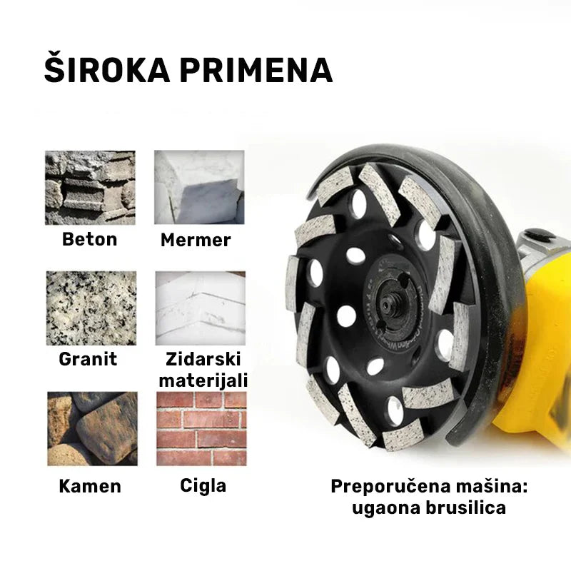 Široka primena spiralnog brusnog diska 125mm na betonu, mermeru, granitu, zidarskim materijalima, kamenu i cigli uz upotrebu ugaone brusilice