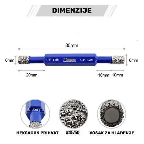 Dimenzije dvostrane dijamantske krune 6mm–6mm sa heksagon prihvatom i voskom za hlađenje