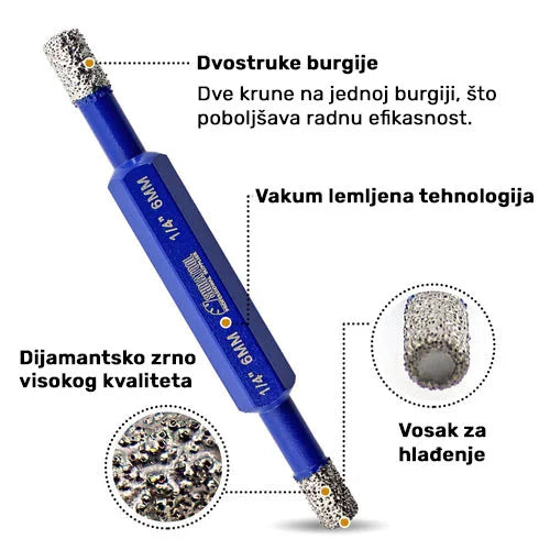 Dvostrana dijamantska kruna 6mm–6mm – vakum lemljena tehnologija, vosak za hlađenje i dijamantsko zrno visokog kvaliteta