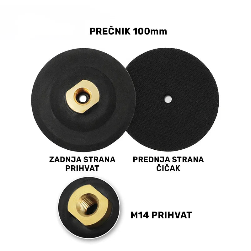 Dimenzije gumenog nosača Ø100 mm A63904M14 sa prikazom M14 navoja i čičak površine