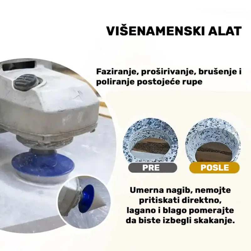 Upotreba konusne dijamantske krune 50mm M14 za faziranje, prosirivanje i poliranje postojece rupe – prikaz pre i posle obrade