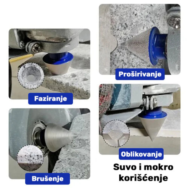 Primena konusne dijamantske krune 50mm M14 za faziranje, prosirivanje, brusenje i oblikovanje ivica rupa na kamenu i plocicama