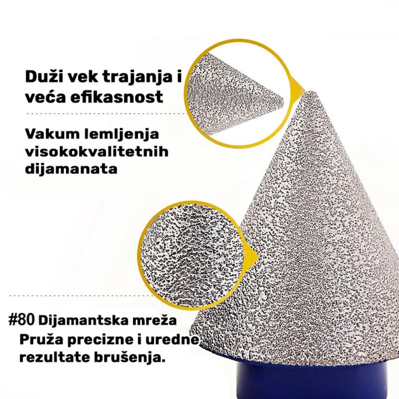 Detalj vakum lemljene dijamantske mreze granulacije #80 na konusnoj kruni 50mm za precizno i uredno brusenje ivica