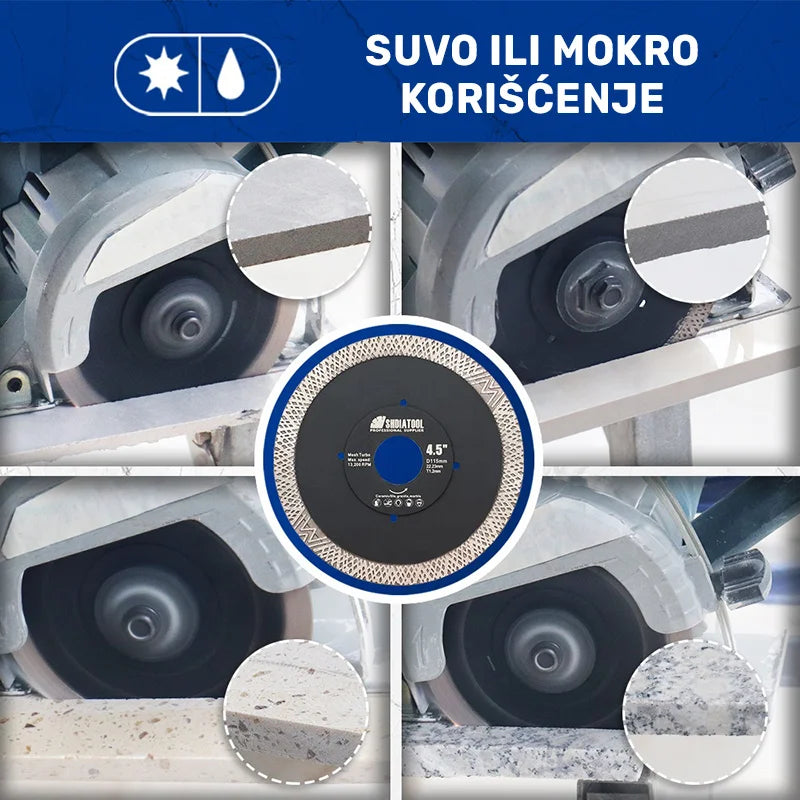 Mesh Turbo dijamantska ploča 115mm A393451022R u radu pri suvom i mokrom sečenju keramike i kamena