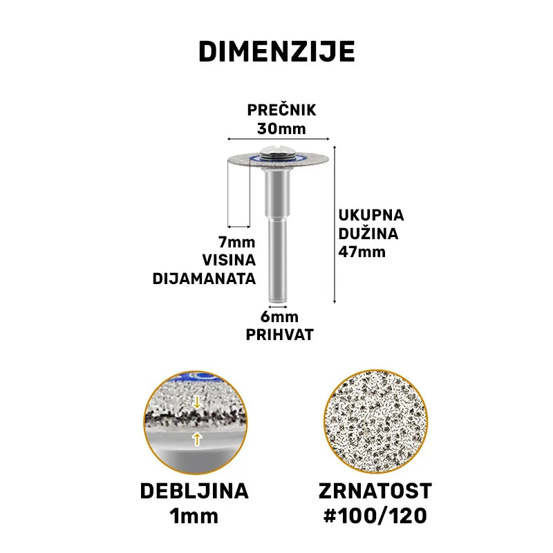 Dimenzije mini dijamantske ploče Ø30 mm x 1 mm A824013006 sa prihvatom 6 mm i visinom dijamantskog sloja 7 mm