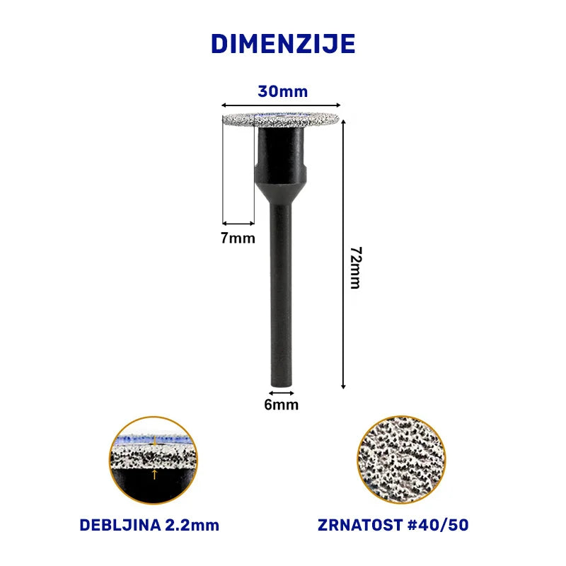 Dimenzije mini dijamantske ploče 30mm x 2.2mm, visina 72mm i granulacija #40/50 za precizno graviranje tvrdih materijala