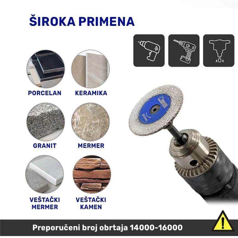 Široka primena mini dijamantske ploče 30mm za graviranje porcelana, keramike, granita, mermera, veštačkog mermera i kamena
