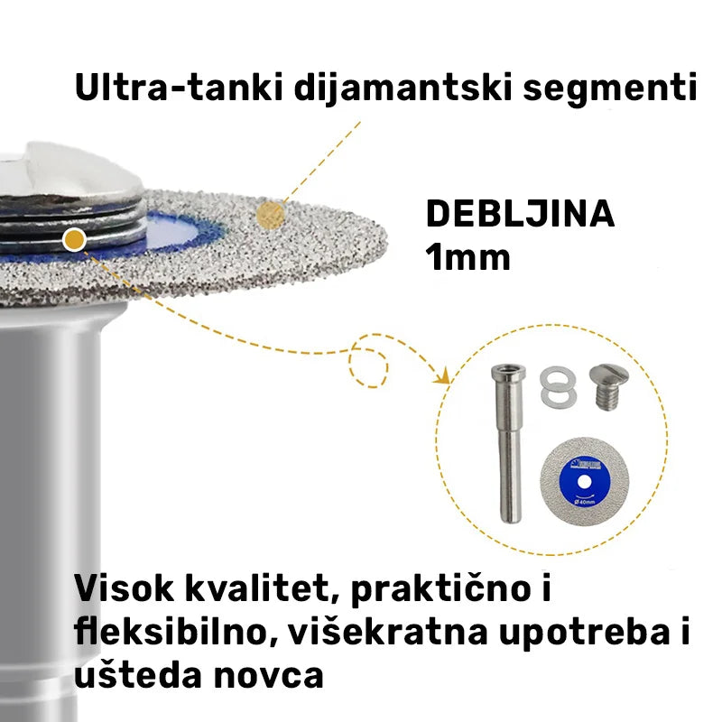 Detalj ultra-tankog dijamantskog segmenta debljine 1 mm na mini ploči Ø40 mm A824014006 za čisto i precizno sečenje