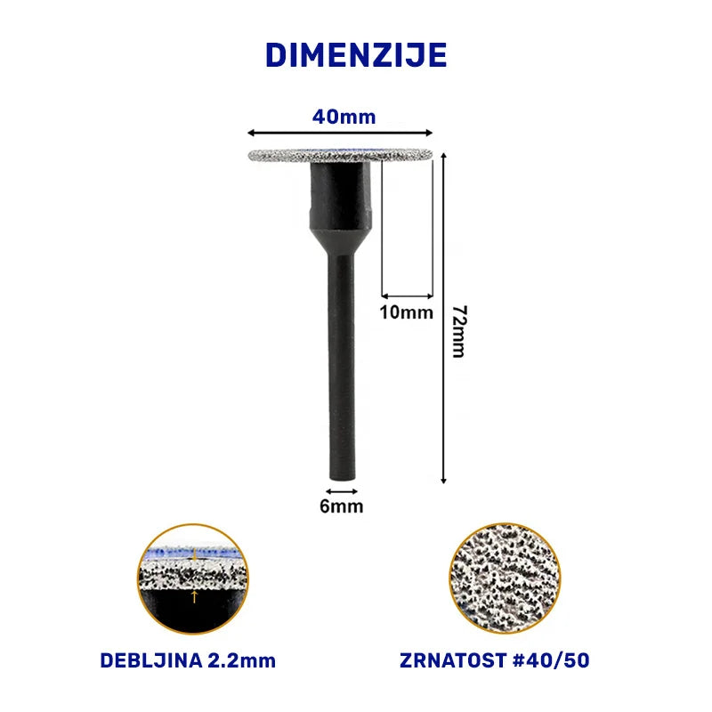 Dimenzije mini dijamantske ploče za graviranje Ø40mm x 2.2mm, širina segmenta 10mm i visina 72mm