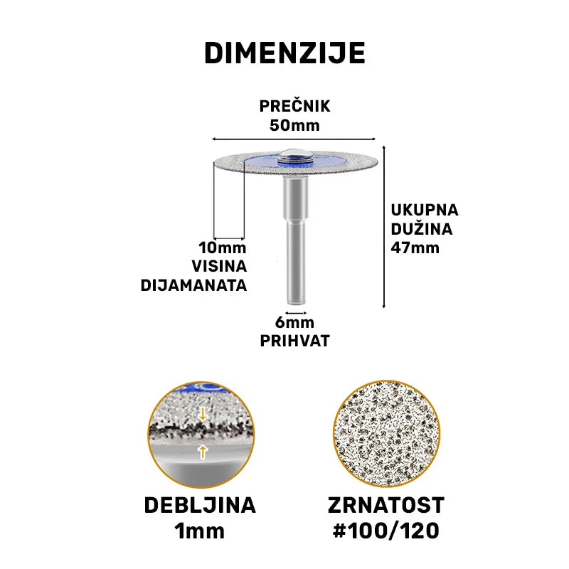 Dimenzije mini dijamantske ploče Ø50 mm sa debljinom 1 mm, visinom dijamantskog sloja 10 mm i drškom 6 mm
