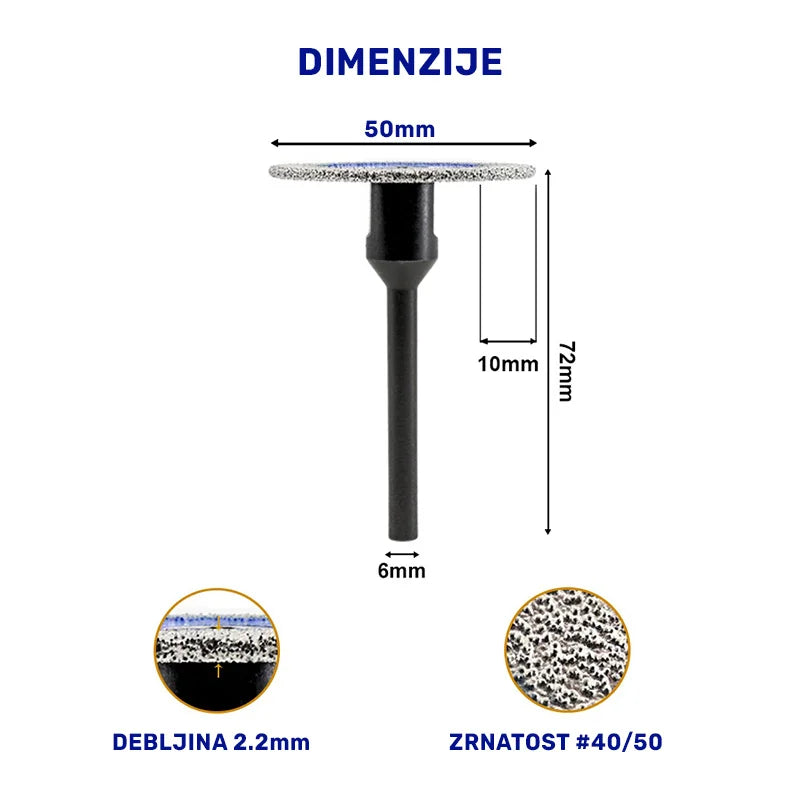 Dimenzije mini dijamantske ploče 50mm – debljina 2.2mm, širina 10mm, visina 72mm, granulacija #40/50