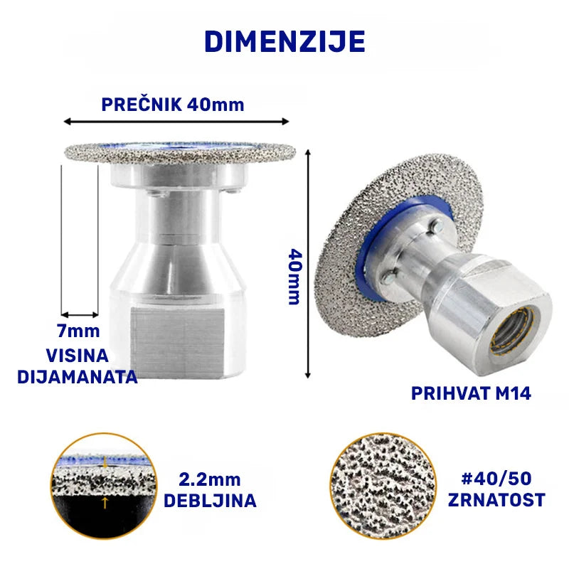 Dimenzije mini dijamantske ploče M14 Ø40 mm – prečnik 40 mm, visina dijamantskog sloja 7 mm, debljina ivice 2.2 mm, granulacija #40/50