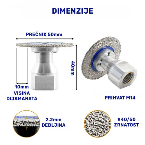 Dimenzije mini dijamantske ploče M14 Ø50 mm – prečnik 50mm, debljina ivice 2.2mm, visina dijamantskog sloja 10mm i M14 priključak