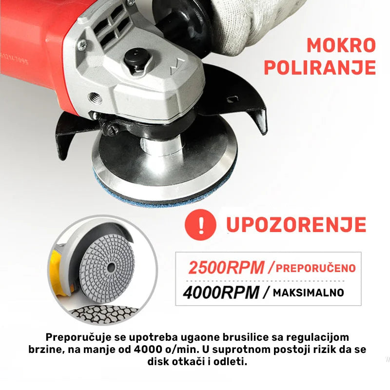 Mokro poliranje sa dijamantskim padom 100mm #50 i upozorenje 2500 preporučeno 4000 obrtaja maksimalno