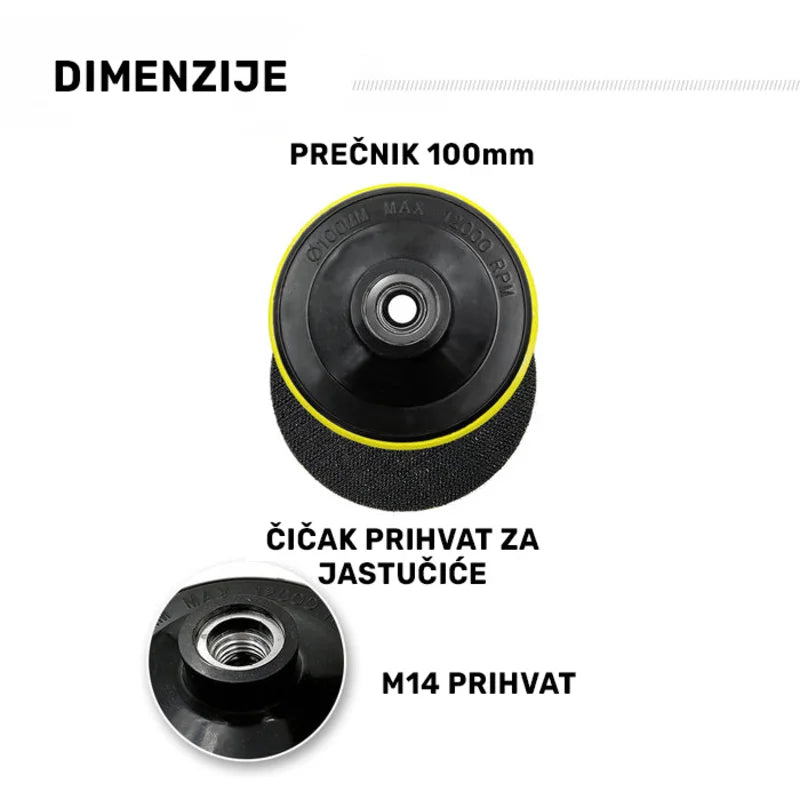 Dimenzije plastičnog nosača za polirne padove 100mm sa M14 prihvatom A6420104M14 i čičak stranom