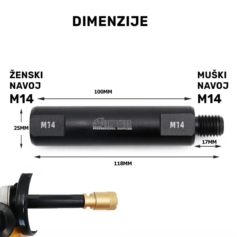 Dimenzije produžetka M14/M14 100mm – prikaz dužine 100 mm, ukupne dužine 118 mm i M14 ženskog i muškog navoja