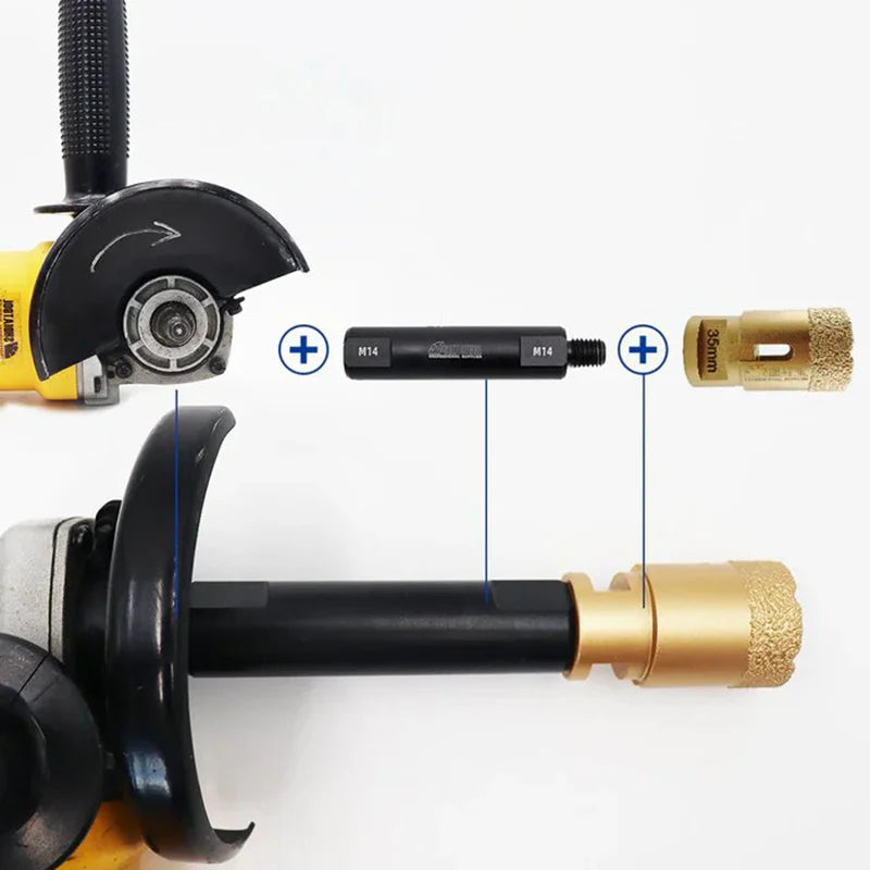 Šema korišćenja produžetka M14/M14 100mm između ugaone brusilice i dijamantske krune za bušenje