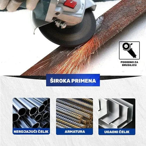 Rezna brusna ploča 115×3mm B31104504 montirana na ugaonu brusilicu pri obradi nerđajućeg čelika, armature i ugaonog profila