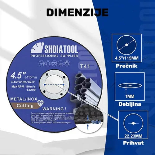 Dimenzije rezne ploče za metal i inox 115mm prečnik, 1.0mm debljina i 22.23mm otvor – model B31104503