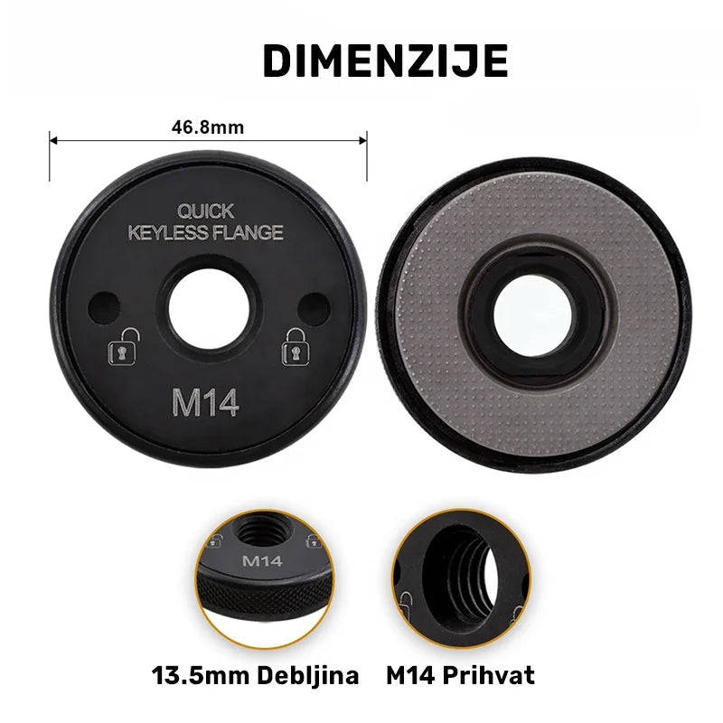Dimenzije samozaključavajuće prirubnice M14 A55901M14 – prečnik 46,8 mm, debljina 13,5 mm i M14 navoj