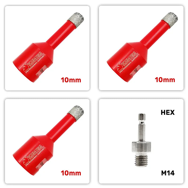 Set A85310/10/10/FA tri dijamantske krune 10 mm M14 za pločice porcelan i granit plus adapter HEX 6,35 mm na M14
