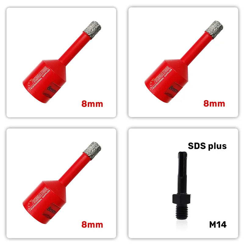 Set A85308/8/8/SDS tri dijamantske krune 8 mm M14 za pločice plus konektor SDS plus na M14