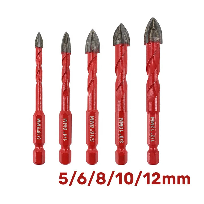 Set volfram-karbid burgija za pločice 5/6/8/10/12 mm sa 1/4" hex prihvatom, crvene burgije u nizu