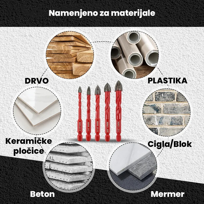Set burgija za pločice namenjen za bušenje keramike, mermera, betona, cigle, drveta i plastike