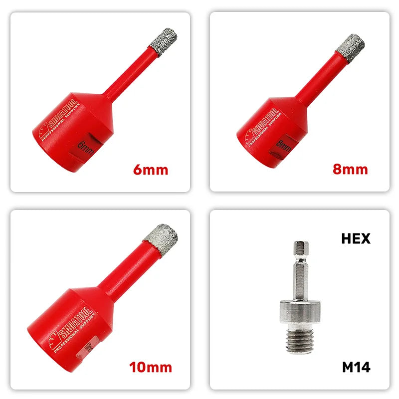 Set A85306/8/10/FA dijamantske krune 6 8 10 mm M14 za pločice porcelan plus adapter HEX 6,35 mm na M14