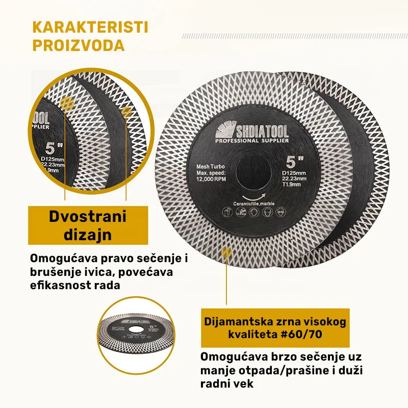 Detalj mesh turbo dvostranog dizajna dijamantske ploče 125mm A380051022 sa istaknutim prednostima proizvoda