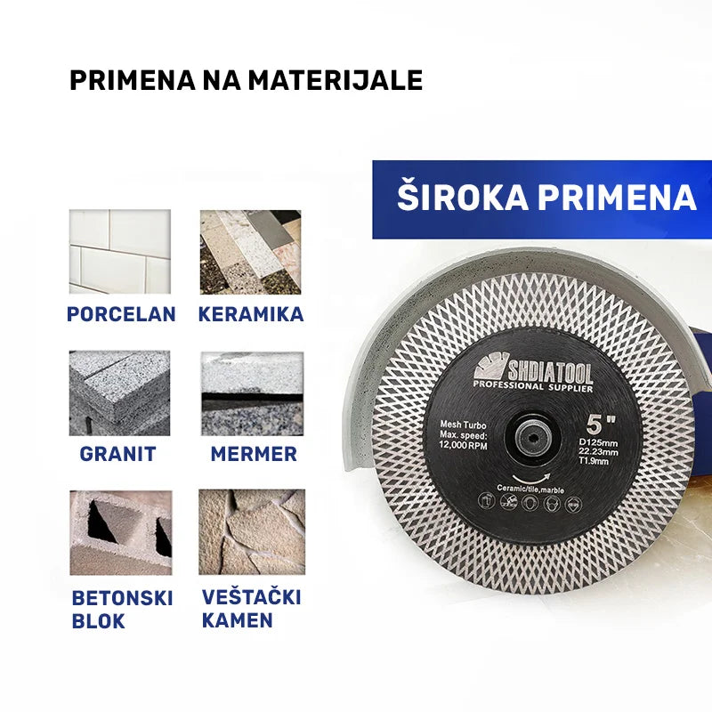 Primena X Mesh Turbo dijamantske ploče 125mm A380051022 na porcelanu, keramici, granitu, mermeru, betonskom bloku i veštačkom kamenu
