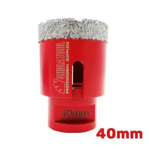 Dijamantska kruna prečnika 40mm sa vakum lemljenim dijamantima, pogodna za suvo i mokro bušenje keramike, granita i mermera pomoću brusilice sa navojem M14.