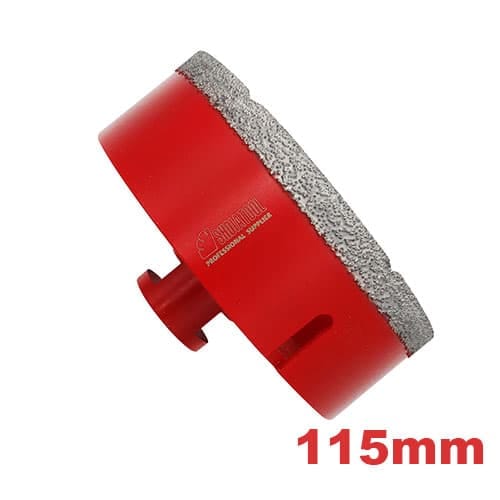 Dijamantska kruna prečnika 115mm sa M14 navojem, pogodna za precizno bušenje keramike, mermera i granita pomoću brusilice.