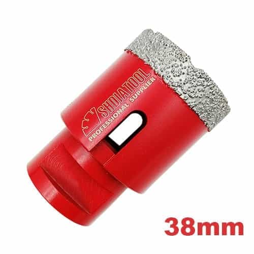 Dijamantska kruna prečnika 38mm sa M14 navojem, namenjena preciznom bušenju keramike, mermera i granita pomoću brusilice.