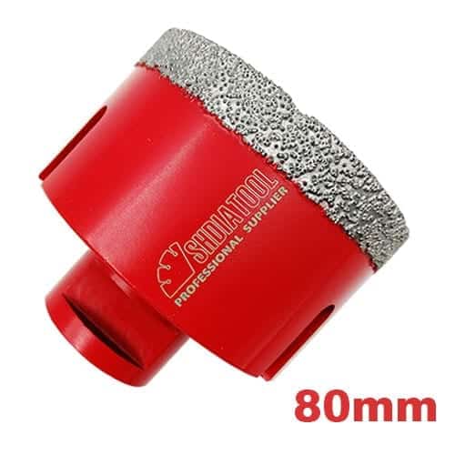 Dijamantska kruna prečnika 80mm sa M14 navojem, namenjena preciznom bušenju keramike, mermera i granita pomoću brusilice.