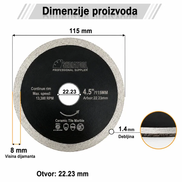 dimenzije dijamantske ploče 115mm otvor 22.23mm debljina 1.4mm visina dijamanta 8mm