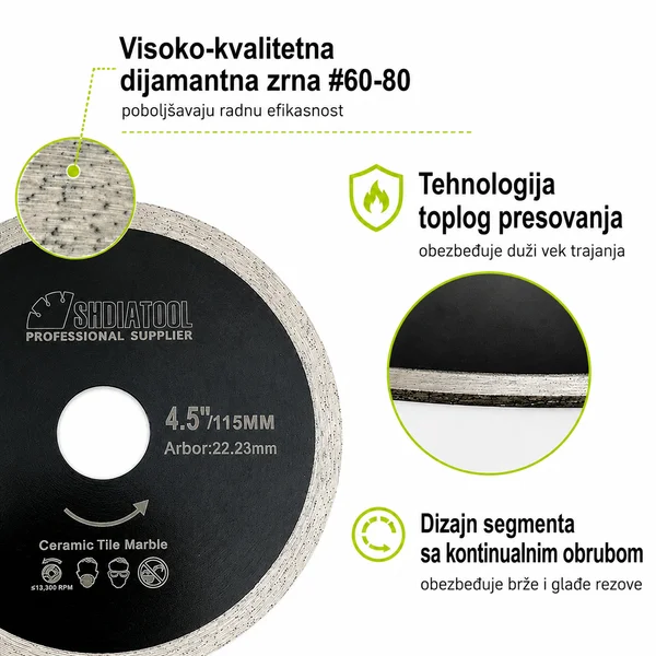 dijamantska ploča 115mm kontinuirani obod bez krzanja tehnologija toplog presovanja
