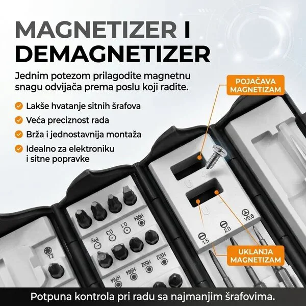 Magnetizer i demagnetizer za set preciznih odvijača 128 u 1 omogućava podešavanje magnetne snage za lakši rad sa sitnim šrafovima