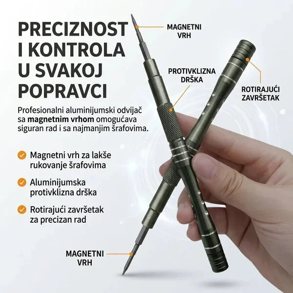 Magnetni precizni odvijač sa aluminijumskom protivkliznom drškom i rotirajućim završetkom za servisiranje elektronike